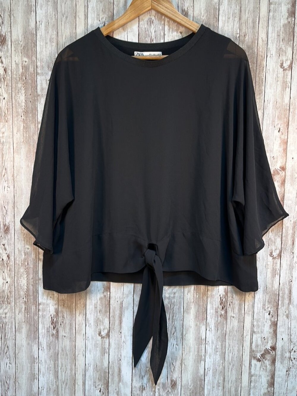 Zara Women's Blouse sz Small Sheer Overlay Front Tie 3/4 Sleeve Black Tank Crop